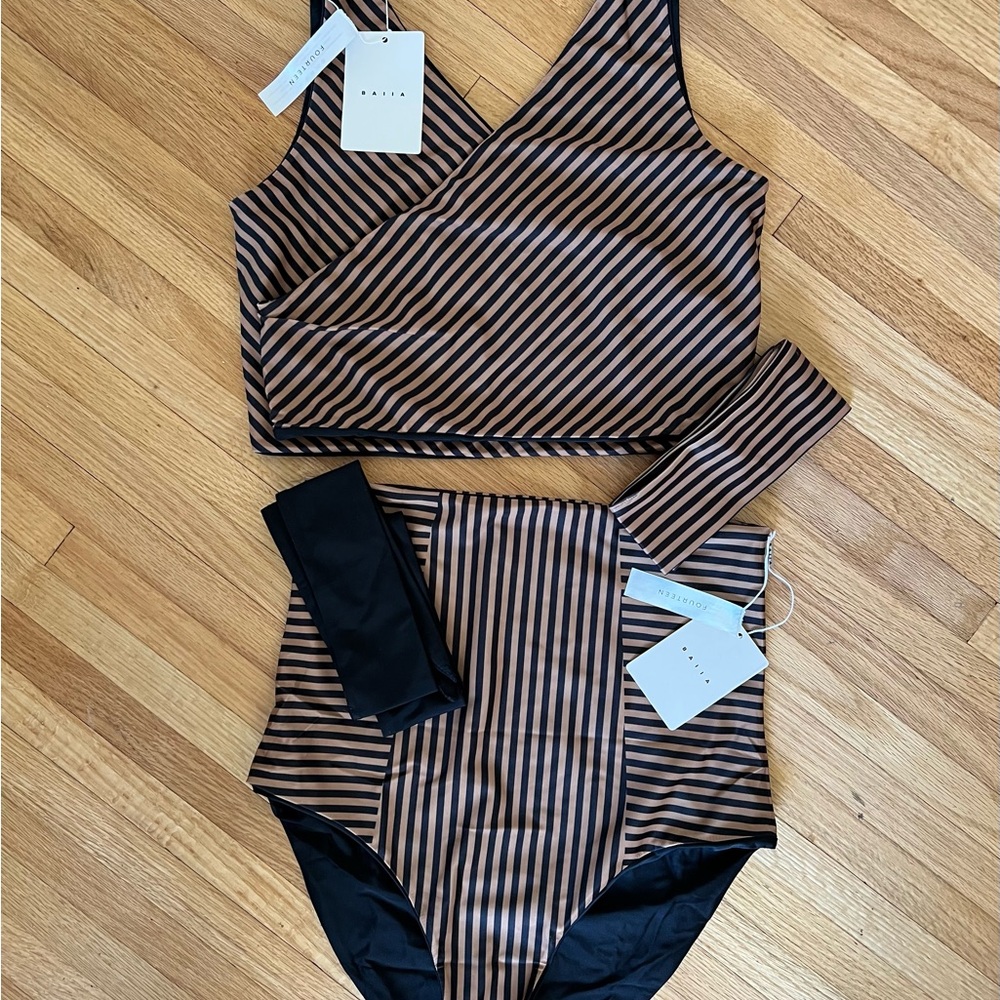 High waisted, reversible Brown and Black Striped Bikini